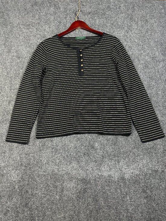 Lauren Ralph Lauren Tops - Lauren Ralph Lauren Top Womens Medium Black Gold Cotton Knit Long Sleeve Henley
